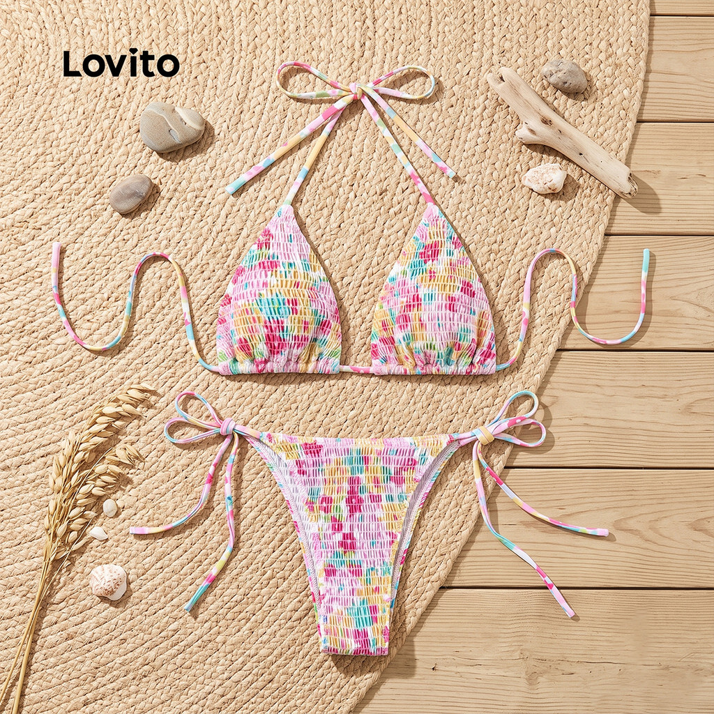 Lovito Férias Conjunto de Biquíni Feminino Ditsy Floral Smocked com Laço para Mulheres LNL43036