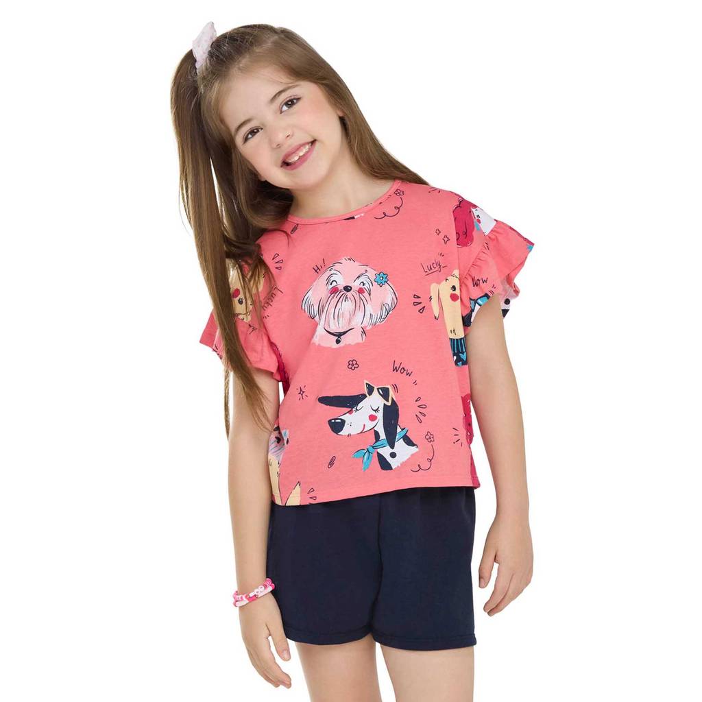 Conjunto Infantil Menina Mangas Com Babados Elian Rosa
