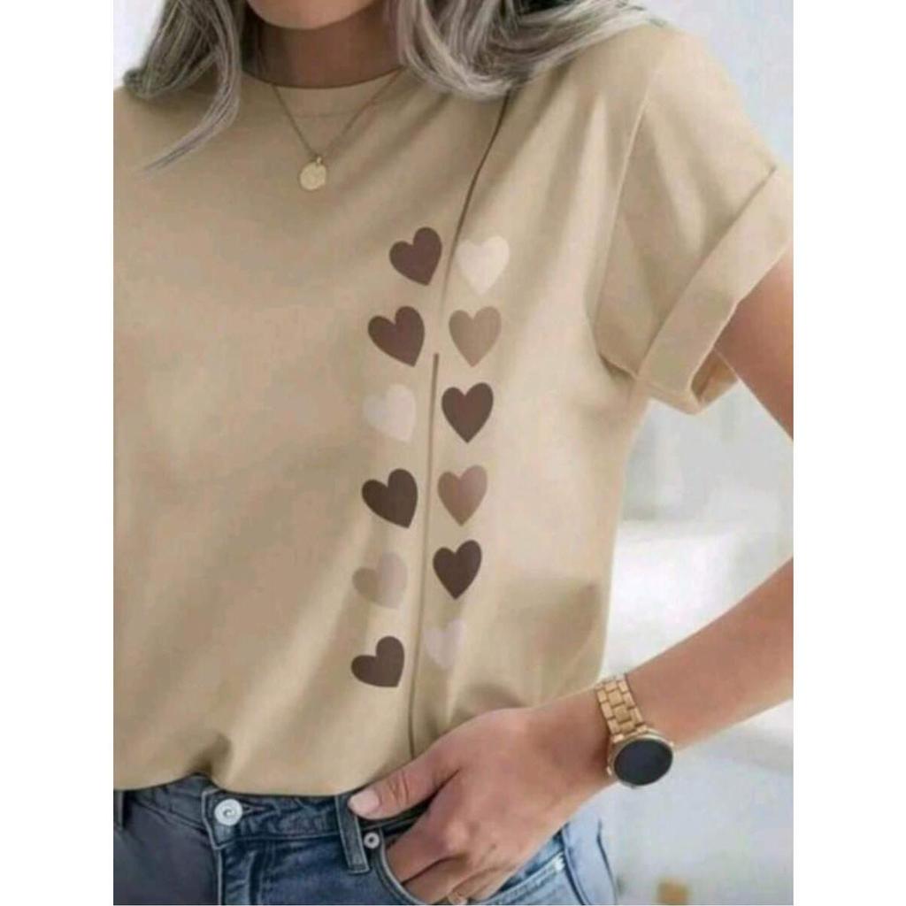 Camisa feminina delicada estampada coração 100% algodão Camiseta moda verão todas ocasiões tecido leve confortável