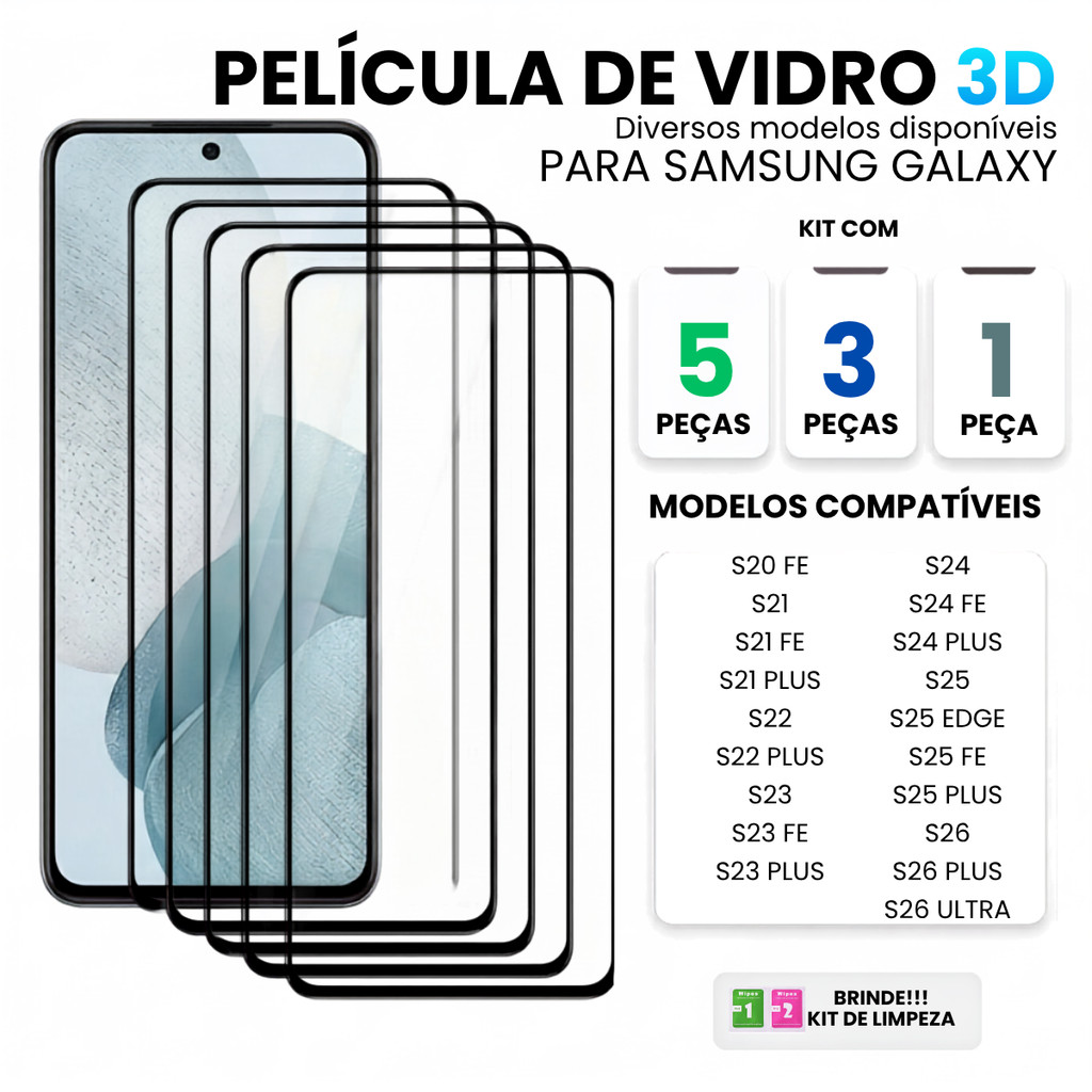 Película De Vidro 3D Temperado Compatível Galaxy S20 FE S21 S22 S23 S23 S25 S26 S26 Plus S26 Ultra