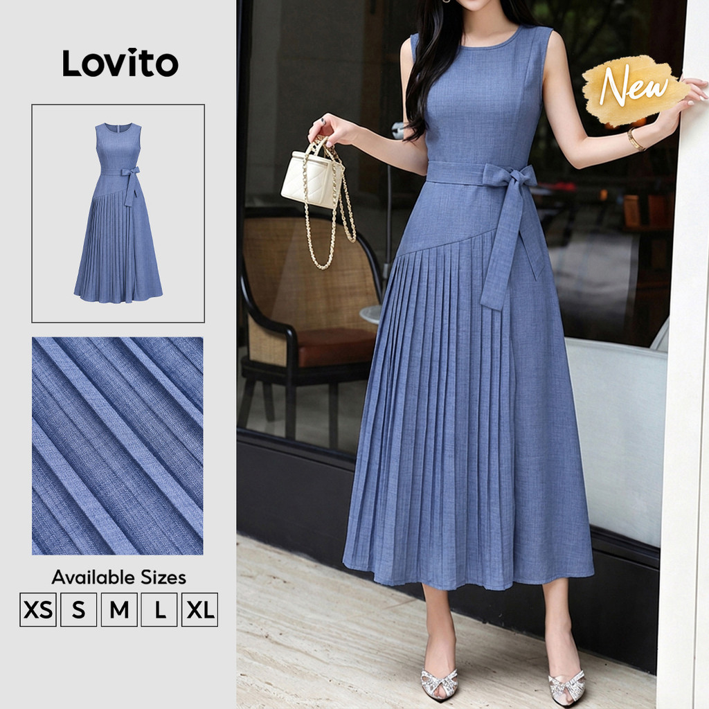 (New Arrival) Lovito Vestido Rosa Feminino evasê Longo Para Trabalho Gola Redonda Plissado assimétrico primavera/verão DRK10P2D157