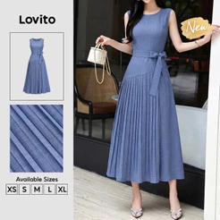 (New Arrival) Lovito Vestido Rosa Feminino evasê Longo Para Trabalho Gola Redonda Plissado assimétrico primavera/verão DRK10P2D157