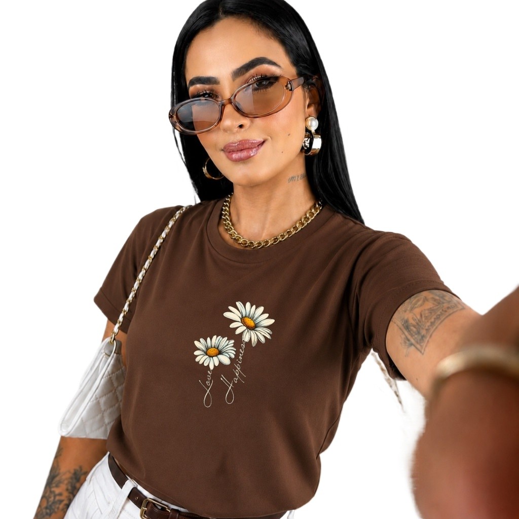 Camiseta Feminina Casual Roupa Estilosa Estampa Flor Margarita Delicada em Algodão Confortável leve