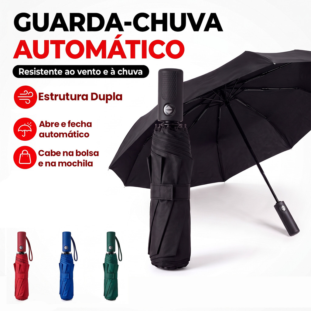 Guarda Chuva Automático Dobrável 12 Varetas Reforçado Abre E Fecha Sozinho Resistente Ao Vento