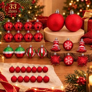 Kit 33 Bolas De Natal  Luxo Natalinos Decoração Brilhante Lisa