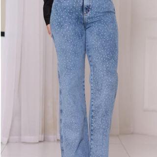 Calça Wide Leg Com Strass Azul Clara Com Lycra Levanta Bumbum