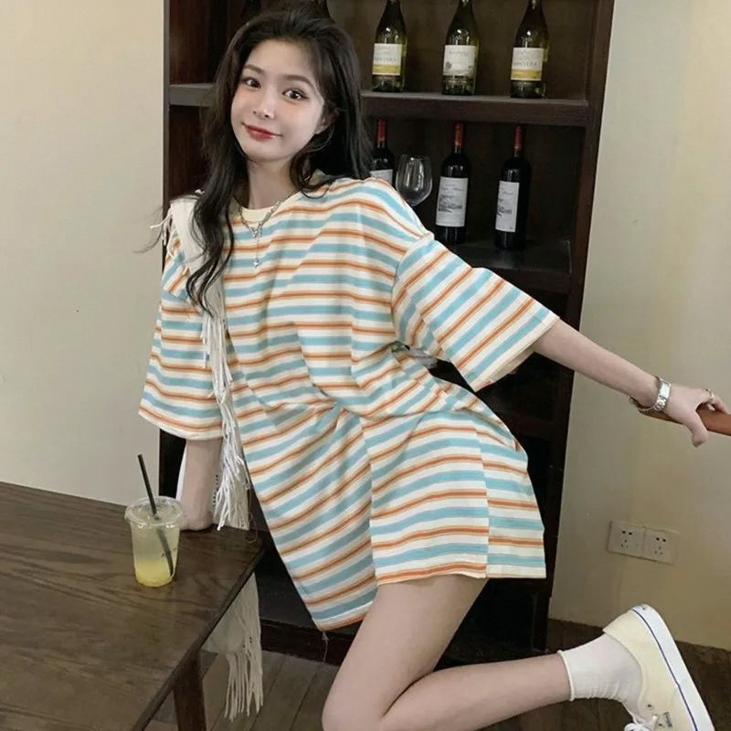 Camiseta listrada curta de manga curta tamanho grande roupas femininas gordura mm150kg verão coreano chique estilo Hong 