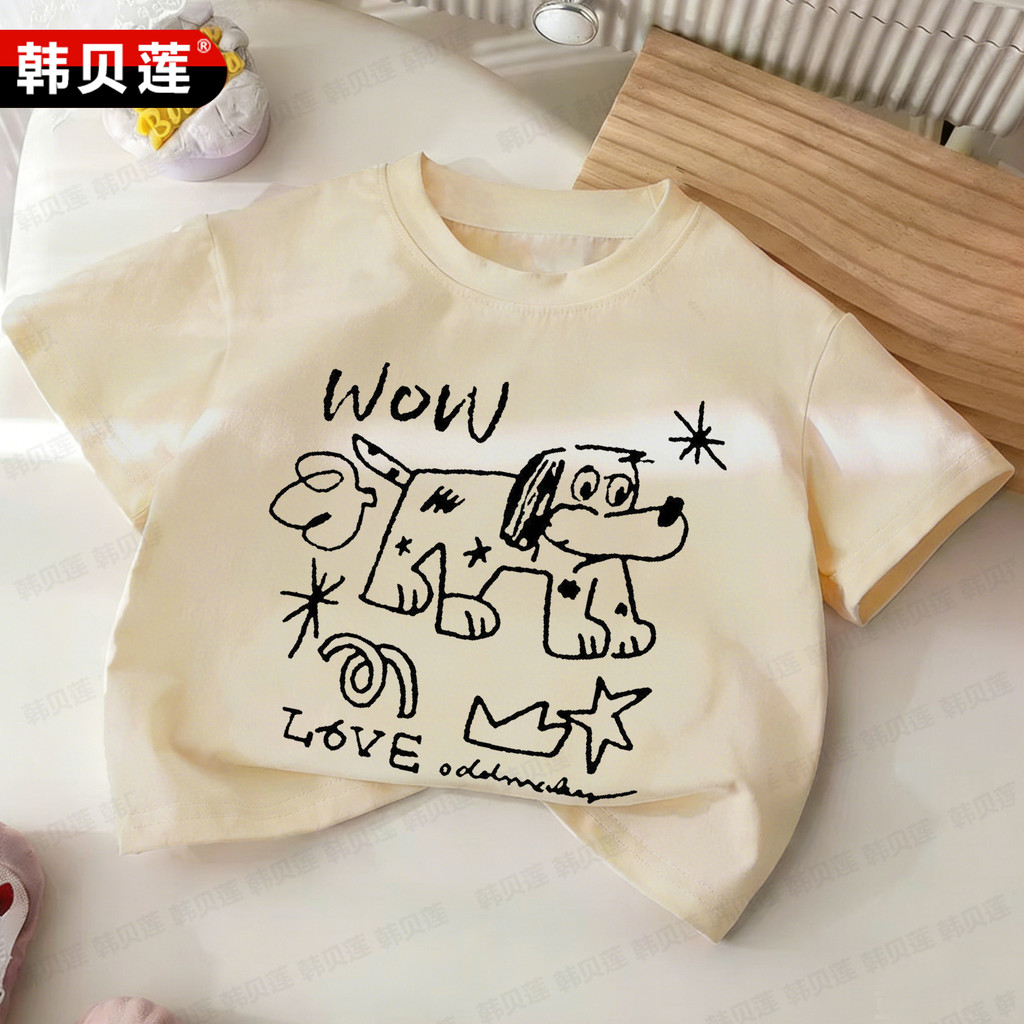 Cremoso bonito cão impresso puro algodão meninos de manga curta camiseta pequeno médio crianças verão camiseta menino be