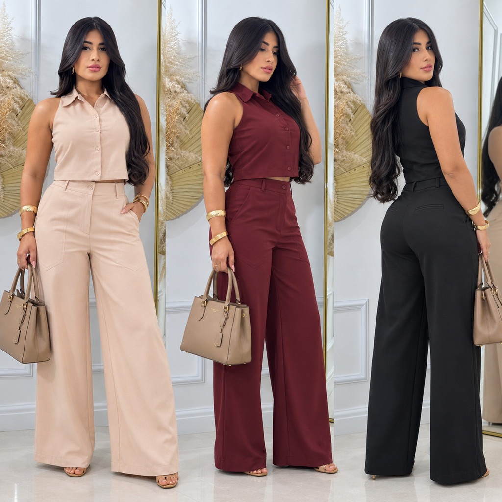 Conjunto Alfaiataria Feminino Blusa Cropped e Calça Pantalona Elegante Social Premium Gola Alta Festa Casamento Casual '