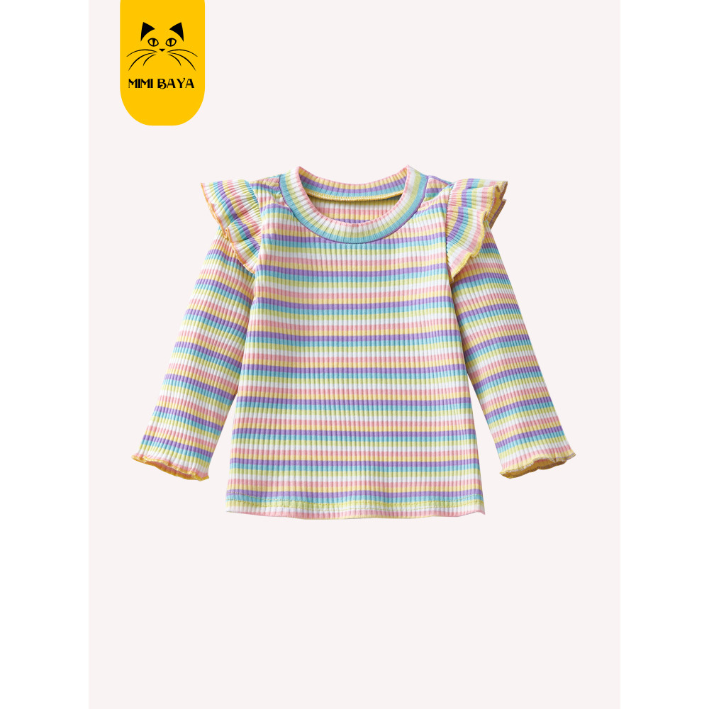 Feminino bebê estilo coreano malha pequena camisa estilo ocidental listrado manga comprida camiseta primavera outono rou