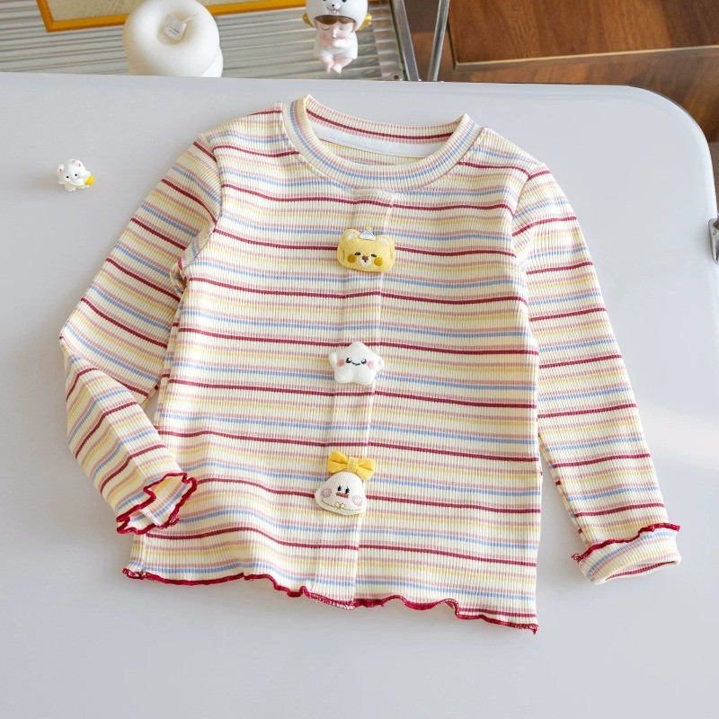 (1-8 Anos) Meninas Decoração 3D Listrado Manga Longa Camiseta Primavera Outono Em Torno Do Pescoço Bonito Criança Crianç