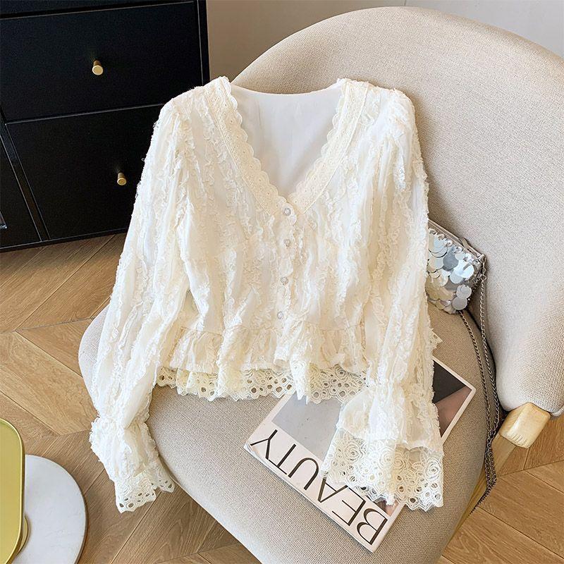 [Venda por tempo limitado] Camisa francesa de manga trompete de renda com decote em V, novo estilo de outono, cintura es