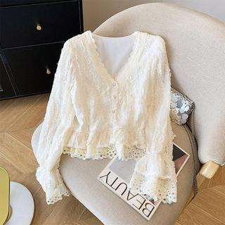 [Venda por tempo limitado] Camisa francesa de manga trompete de renda com decote em V, novo estilo de outono, cintura es