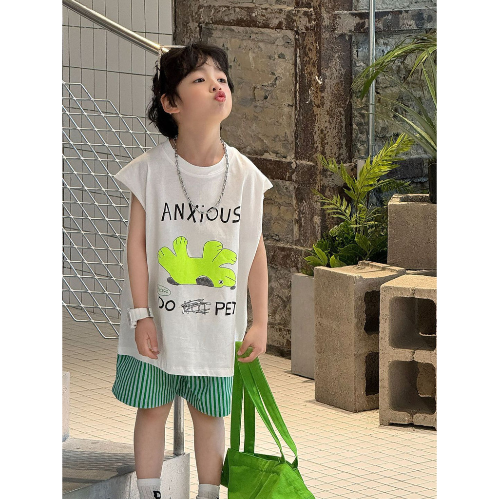 Aparência mãe casa 2026 verão crianças versão coreana carta dos desenhos animados sem mangas camiseta meninos colete Sup