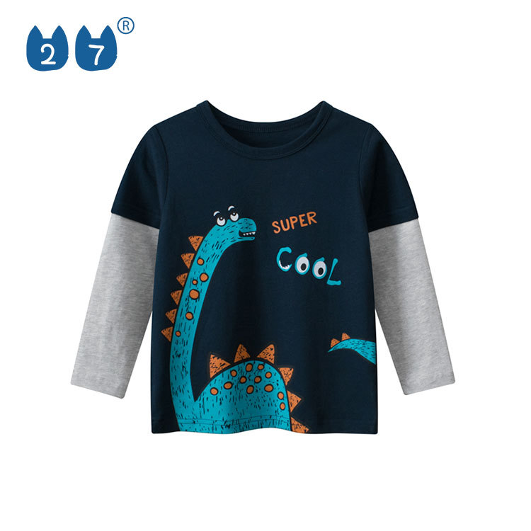 27 crianças outono novo estilo crianças dinossauro impressão falso de duas peças de manga comprida camiseta versão corea