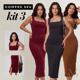 Kit 3 Vestido Longo Alça Grossa Festa Fenda Lateral Moda Elegante Casual