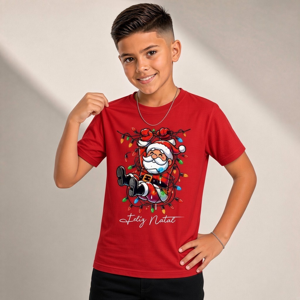 Camiseta Infantil Natal  e Jovem Estampada Papai Noel Luzes 100% Algodão Criança Personalizada Unissex Blusa Natal