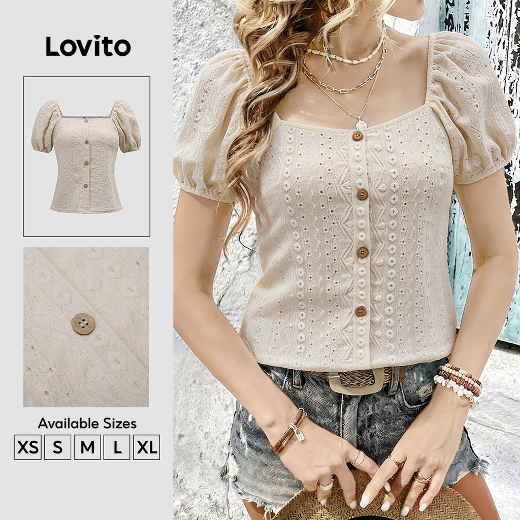 Lovito Blusa Feminino Elegante Estilo Retrô Anos 90 Com Botões Em Jacquard Cor Damasco Para Primavera/verão BLK9P1D038