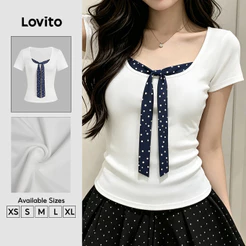 Lovito Camiseta Casual Feminina Color Block em Branco com Detalhes em Renda – Primavera/Verão TSB202P2D172