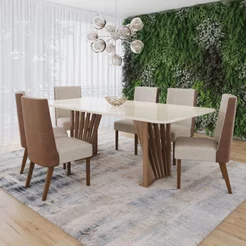 Conjunto Sala de Jantar Mesa Tampo MDF/Vidro com 6 Cadeiras Milena Bege/Nature/Off White/Linho