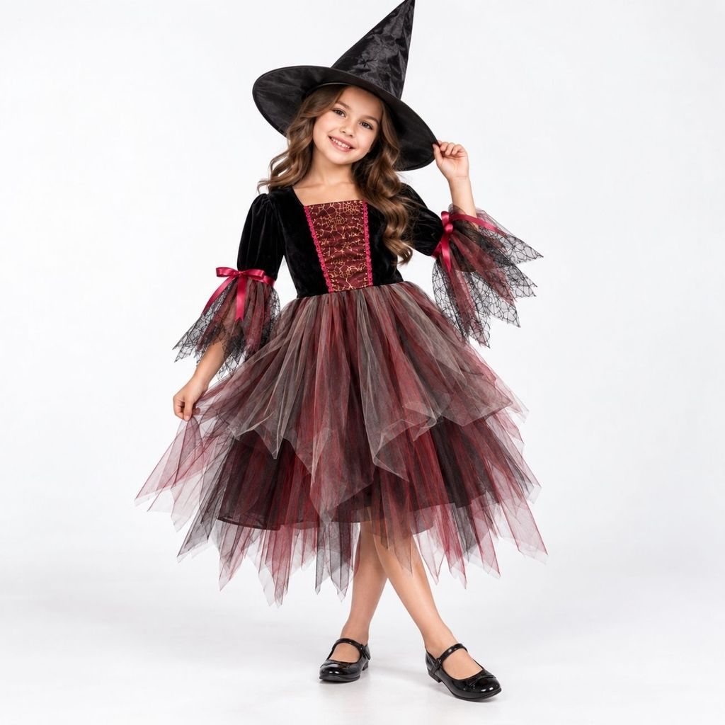 Fantasia De Vampira Infantil Vestido Com Chapéu Halloween Dia das Bruxas Festa Menina Cosplay.