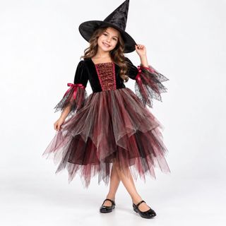 Fantasia De Vampira Infantil Vestido Com Chapéu Halloween Dia das Bruxas Festa Menina Cosplay.