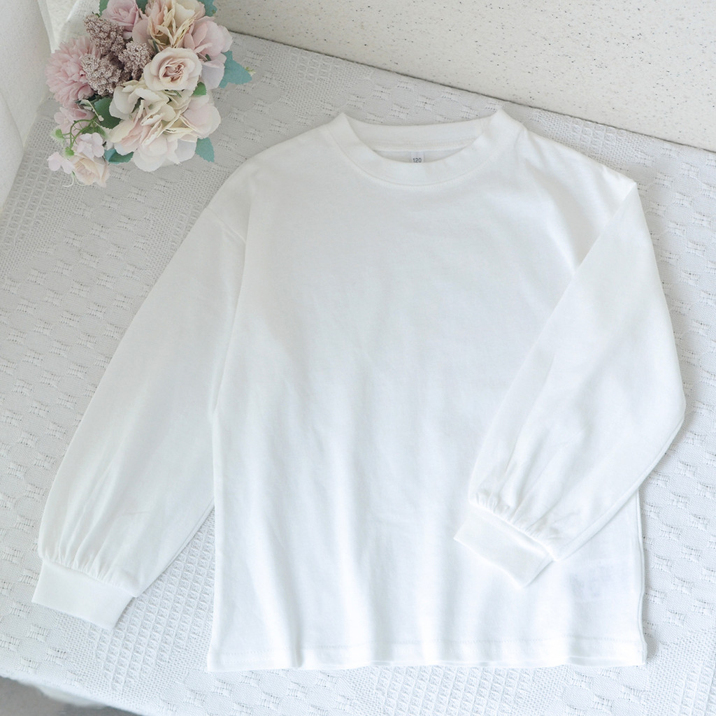 Japonês único ~ 120-130 meninas puro algodão branco manga comprida camiseta médio pequeno crianças primavera outono All-