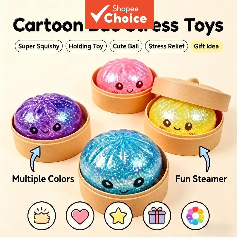 Bola de Pressão Baozi Dumpling: Bola sensorial squishy com glitter, toque macio e baixo retorno, ideal para aliviar a