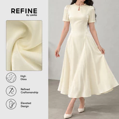 (Refine by Lovito) Vestido Laranjaâmbar Longo Evasê Dupla Camada Brilhante Para Trabalho Feminino DRR43P1D054