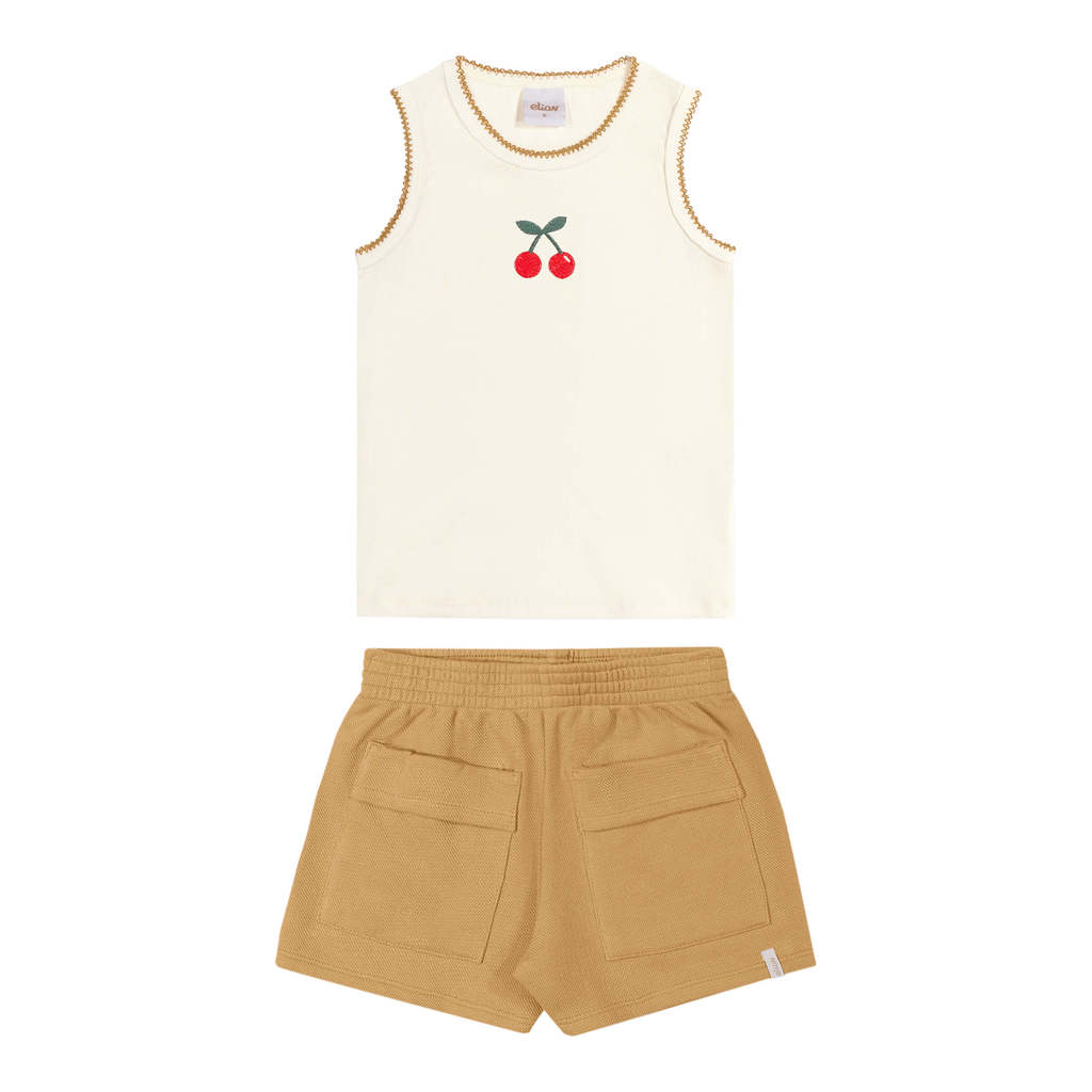Conjunto Infantil Menina Bordado Cereja Elian Bege — imagem 2 de 2