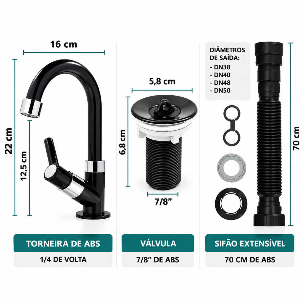 Kit Torneira para Lavatório/Banheiro + Válvula + Sifão - Preto/Black · foto 2