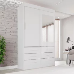 Guarda Roupa Solteiro 2 Portas com Espelho 6 Gavetas Luana Branco Branco