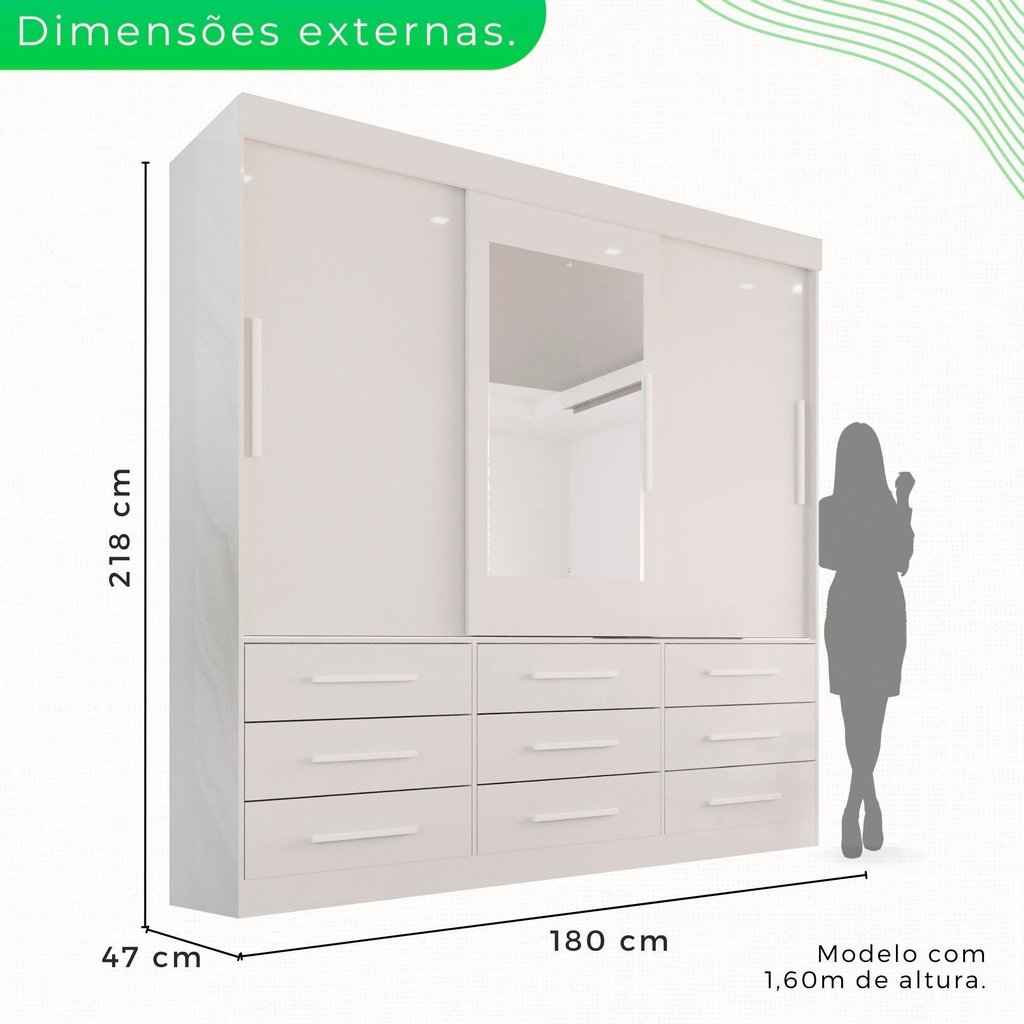 Guarda-Roupa Casal 3 Portas 9 Gavetas com Espelho Luana Branco Branco — imagem 2 de 2