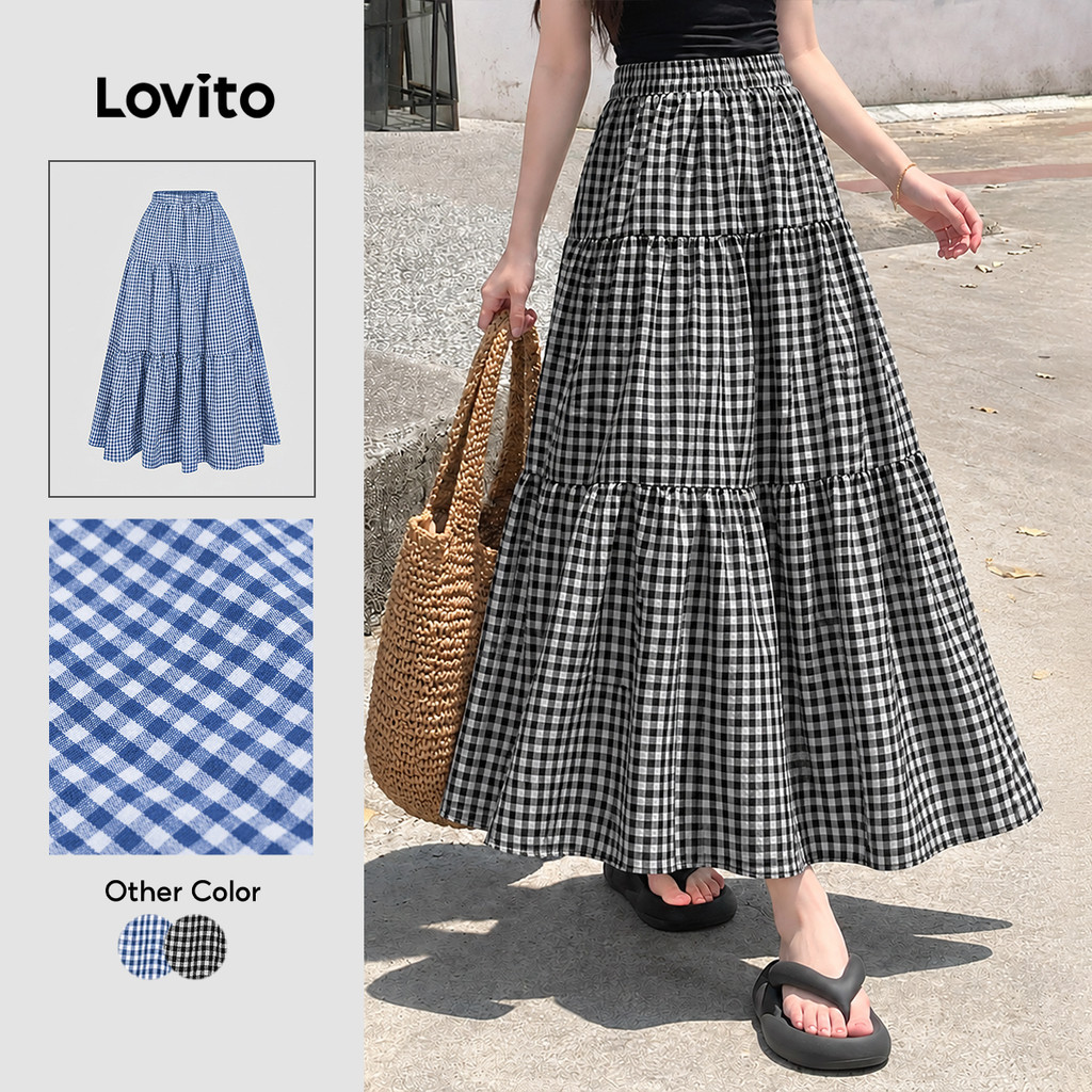 Lovito Casual Saias de Camadas para Primavera/verão Saias Pretas e Brancas para mulheres L149LD012