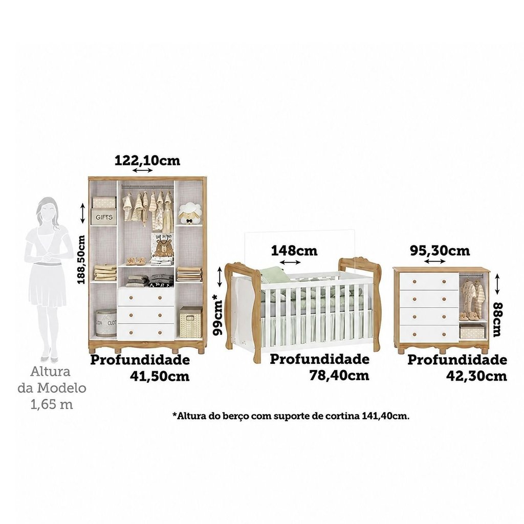 Quarto de Bebê Completo Berço 3 em 1, Cômoda e Guarda Roupa MDF Nina Espresso Móveis Branco/Amêndoa Branco · foto 2