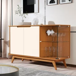 Buffet Aparador 2 Portas Vidro Temperado Puxador Usinado 100% MDF Pés em Madeira Maciça 136cm Linha 2025 Marrom