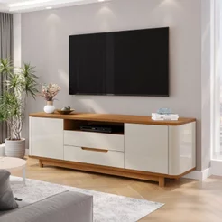 Rack para TV até 70 Polegadas MDF com Laterais Curvas 180cm Pés em Madeira Maciça Preto/Off White