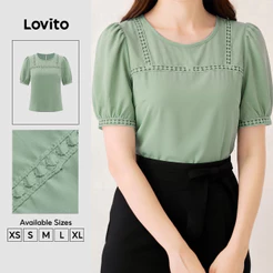 Lovito Elegante Blusa Com Babados Exagerados Em Tecido Costura Verde Primavera/verão Para Mulheres BLK9P1D996