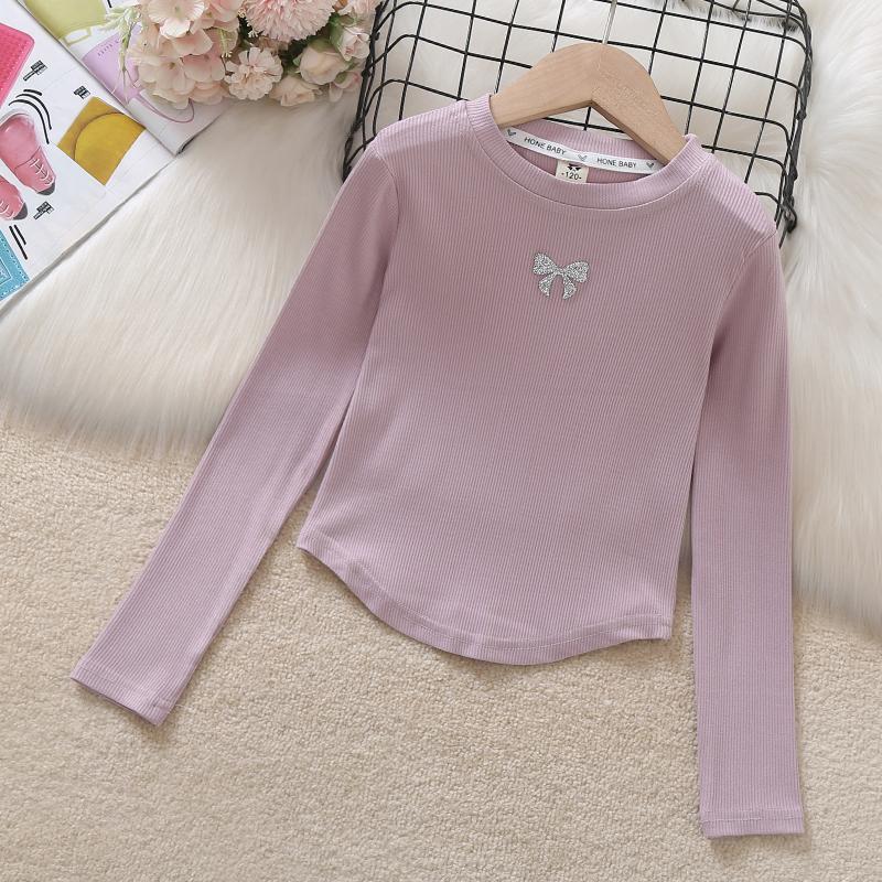Meninas de manga comprida camiseta primavera outono 2025 novo estilo crianças estilo ocidental quente diamante arco cami
