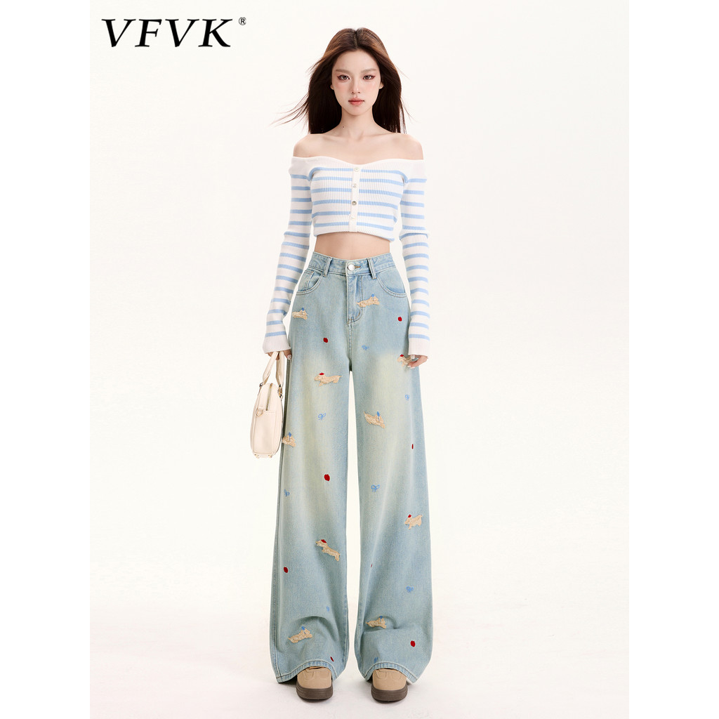 Vfvk azul claro dos desenhos animados bordado Jeans retos feminino 2026 novo estilo americano Retro cintura alta mais ma
