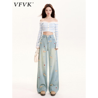 Vfvk azul claro dos desenhos animados bordado Jeans retos feminino 2026 novo estilo americano Retro cintura alta mais ma
