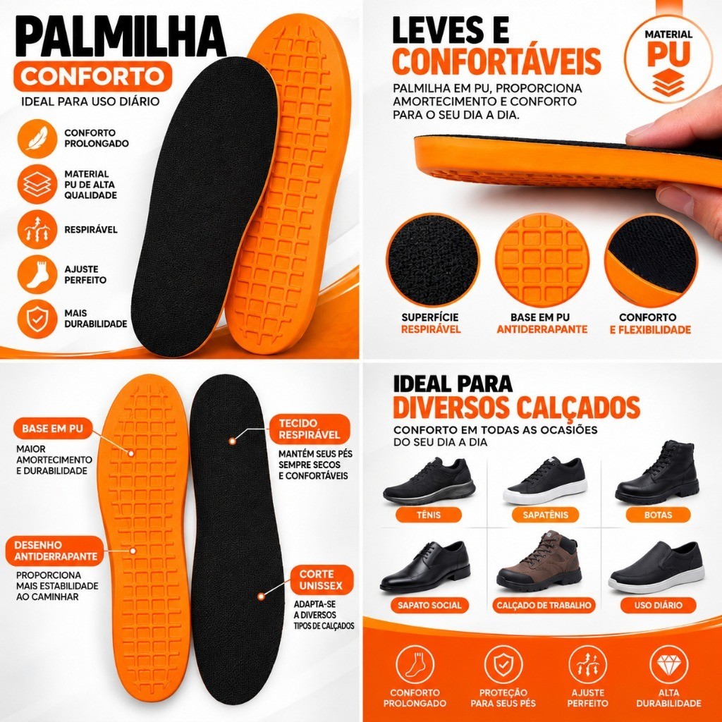 Palmilha De Gel Anatomica Salto Ortopédica Confortável Anti Impacto Unissex Bota Botina Coturno Tênis Sapato Sapatênis