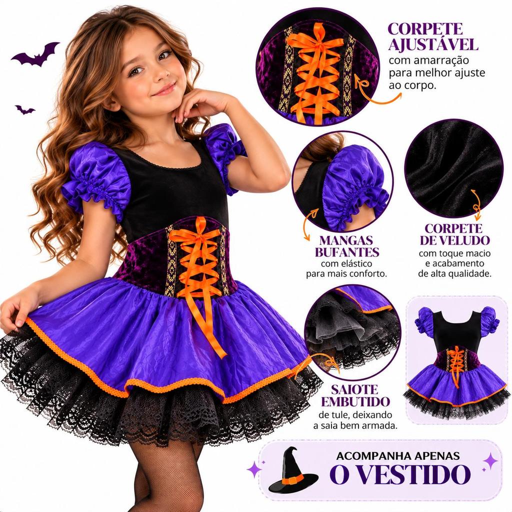 Fantasia Bruxinha Infantil de Luxo Com Corselet e Chapéu de Halloween — imagem 2 de 2