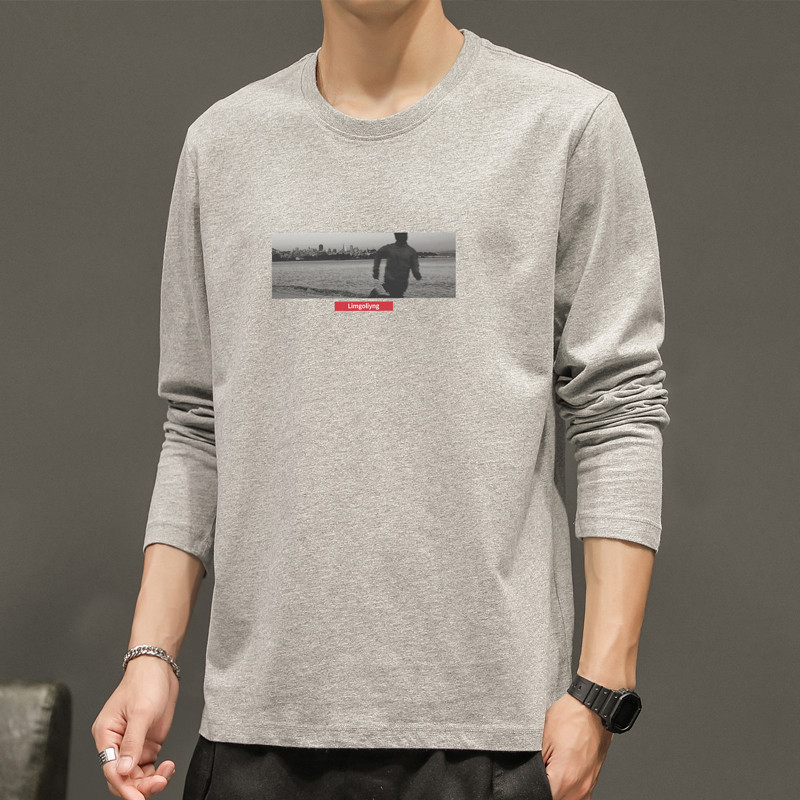 Masculino tamanho grande versão coreana solto puro algodão na moda de manga comprida camiseta masculina impressa roupas 