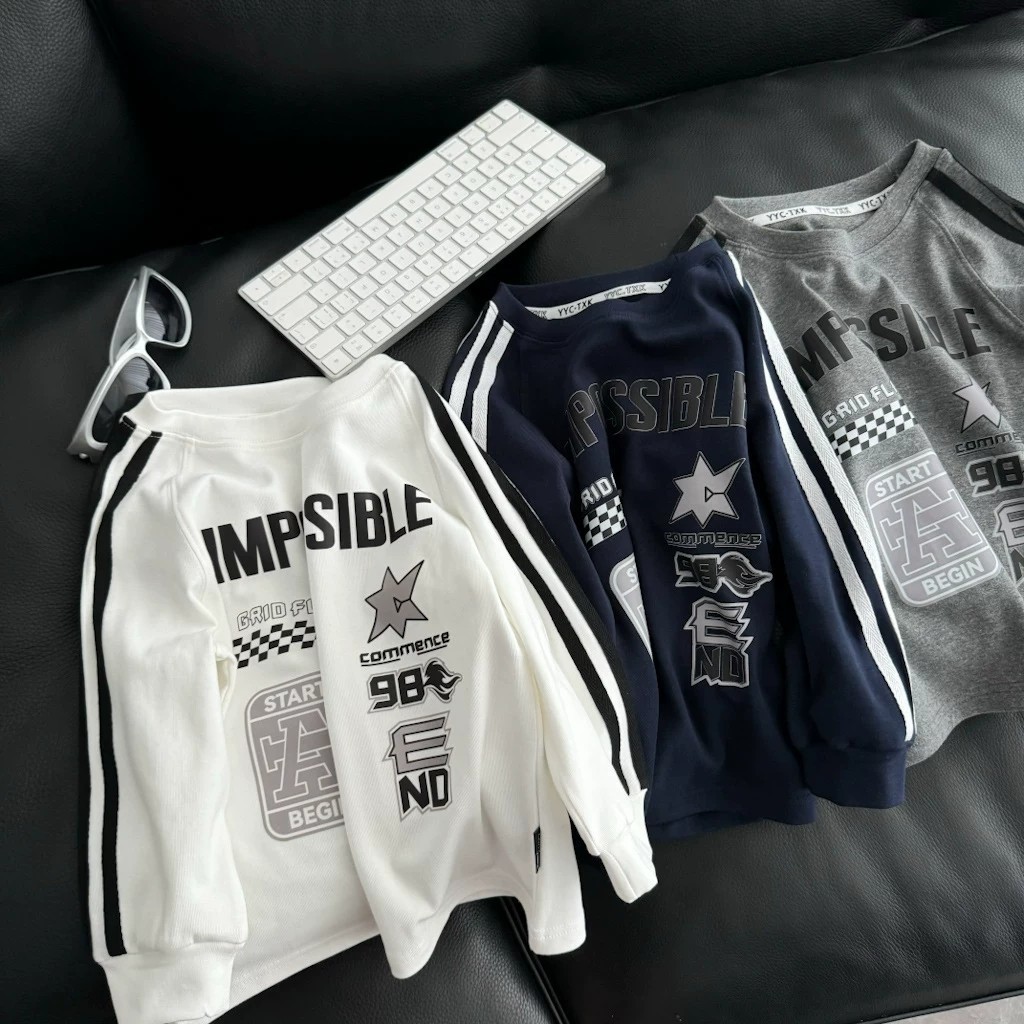 Algodão puro meninos de manga comprida camiseta primavera outono novo estilo versão coreana carta das crianças em torno 