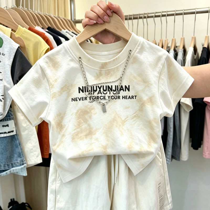 ((Algodão puro 100%) meninos puro algodão manga curta camiseta verão novo estilo médio crianças pequenas Tie-Dye carta i