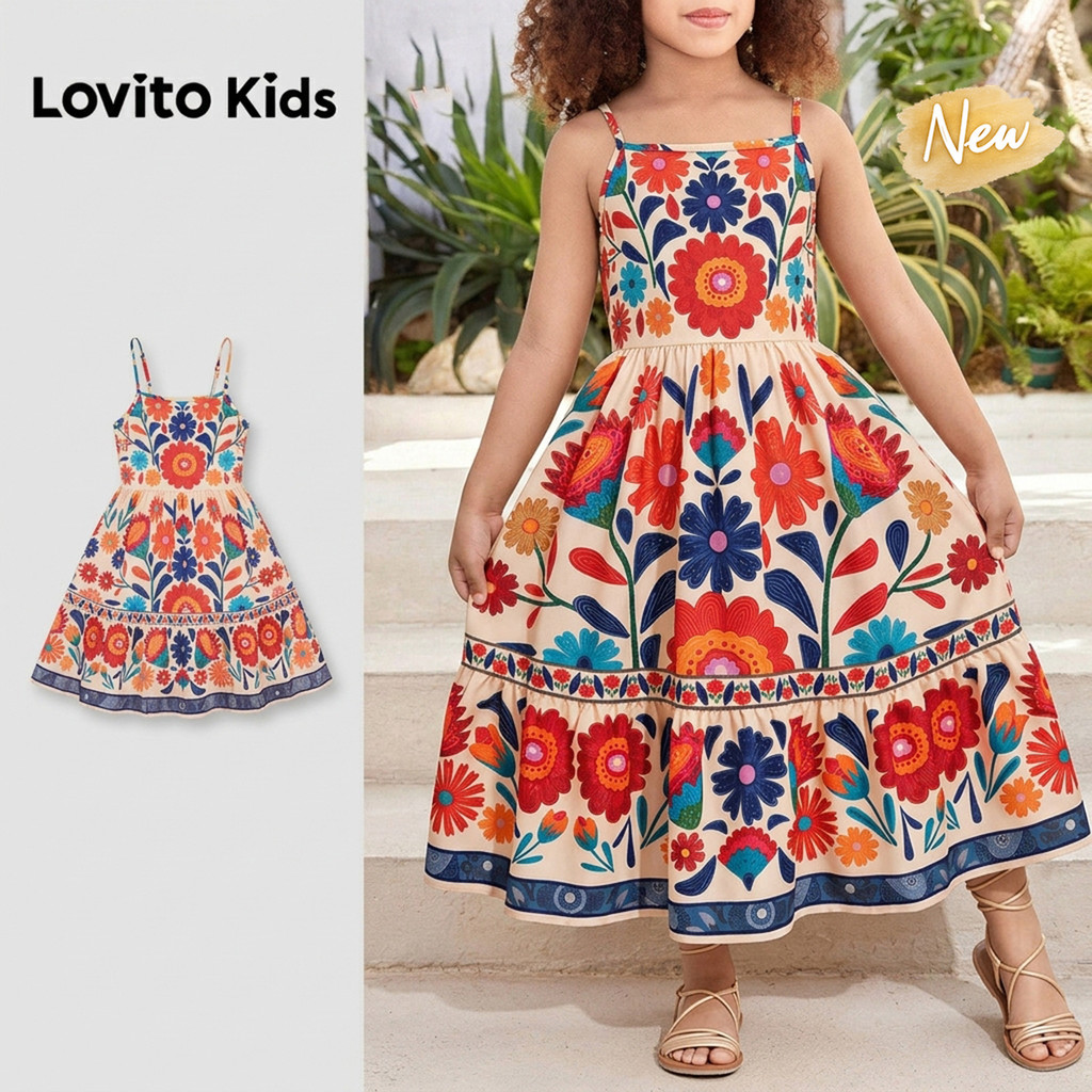 (New Arrival) Lovito Kids Vestido Casual Boho Para Menina Com Estampa De Caxemira Babados Comprimento Até Ao Joelho E Corte Evasê Para Primavera Verão Férias E Fins De Semana DRB210BK016