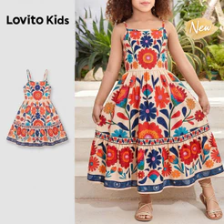 (New Arrival) Lovito Kids Vestido Casual Boho Para Menina Com Estampa De Caxemira Babados Comprimento Até Ao Joelho E Corte Evasê Para Primavera Verão Férias E Fins De Semana DRB210BK016