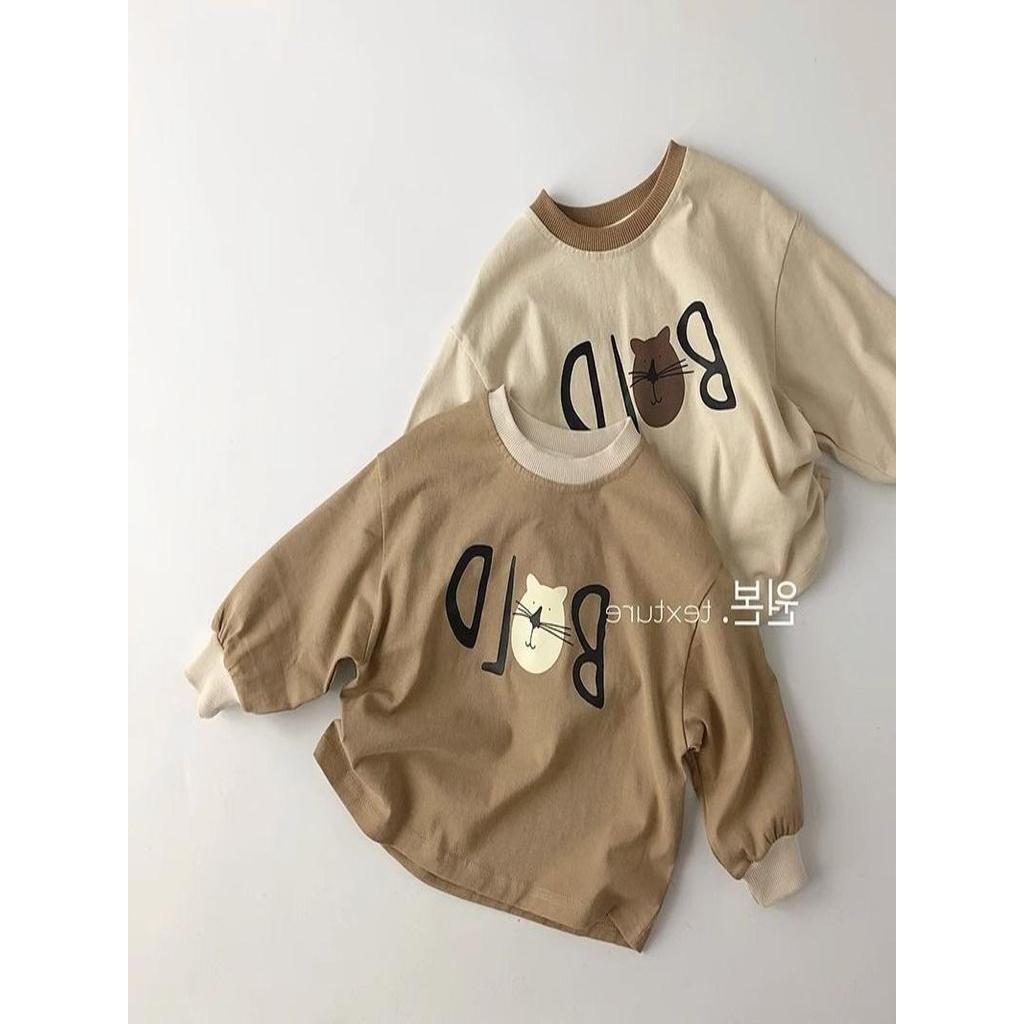Versão coreana primavera outono crianças camiseta de manga comprida moda bebê dos desenhos animados contraste cor impres