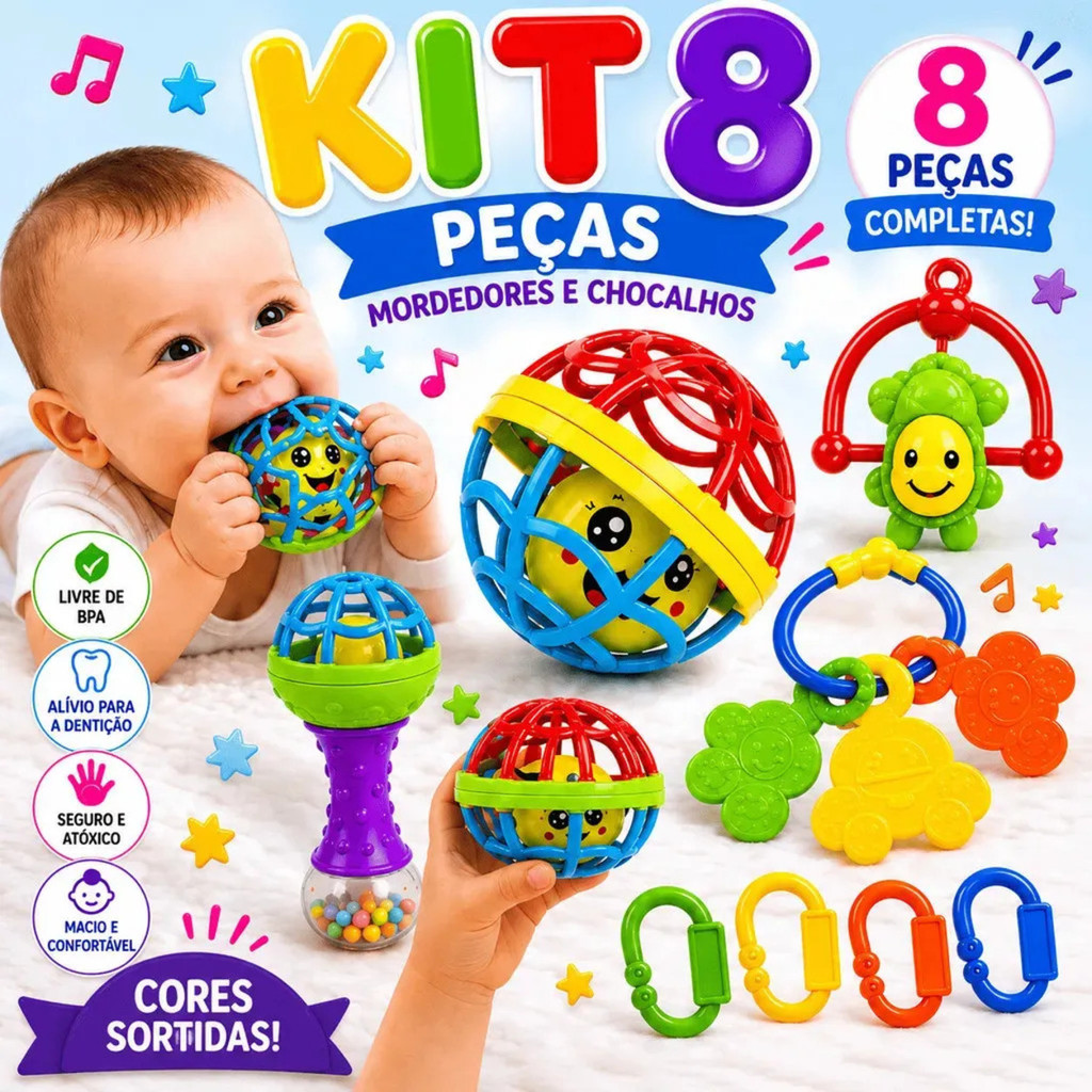 Kit Chocalho e Mordedor Bebê 8 Peças Colorido Silicone Macio Presente Menino e Menina